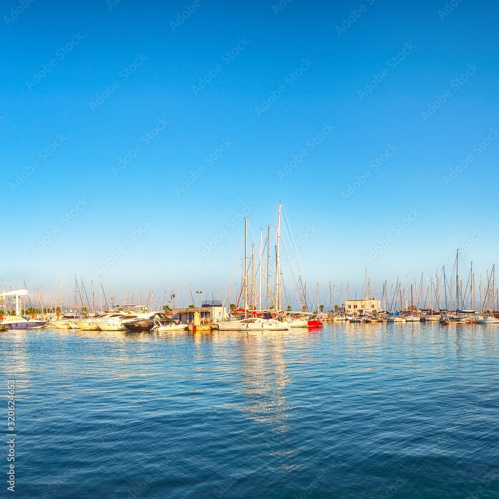 Panoramic view of colorful boats and yachts in harbor of Split