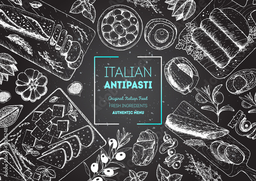 Italian food top view. A set of Italian Antipasti. Food menu design template. Vintage hand drawn sketch vector illustration. Engraved image