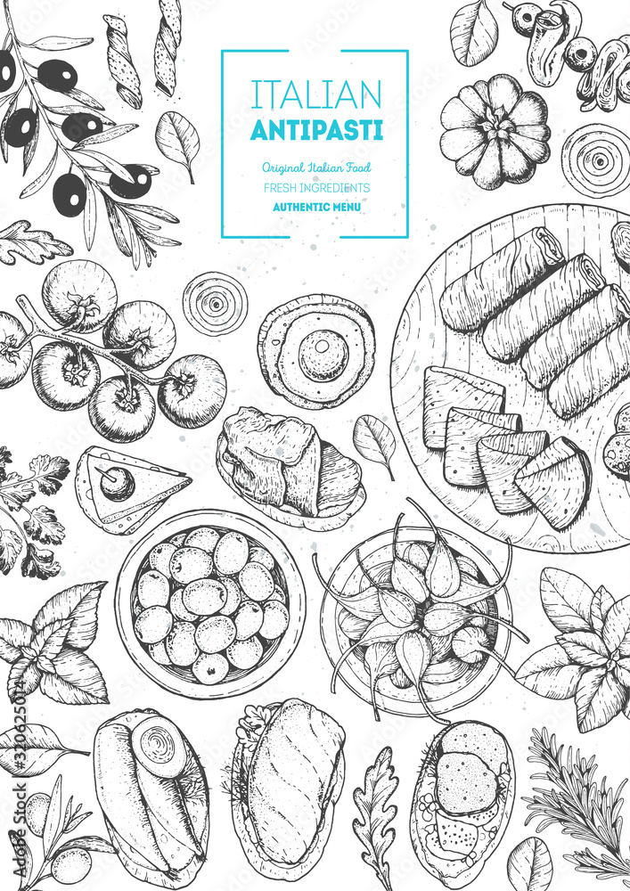 Italian food top view. A set of Italian Antipasti. Food menu design template. Vintage hand drawn sketch vector illustration. Engraved image Italian food top view. A set of Italian Antipasti. Food menu design template. Vintage hand drawn sketch vector illustration. Engraved image