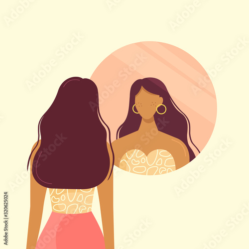 Stylish beautiful girl looks in the round mirror. Young woman and her reflection in the mirror. The girl is going on a date, make up and try on clothes. Vector illustration, flat design. 
