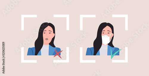 right and wrong ways to protect epidemic woman wearing mask to prevent MERS-CoV wuhan coronavirus 2019-nCoV pandemic medical health risk portrait horizontal vector illustration