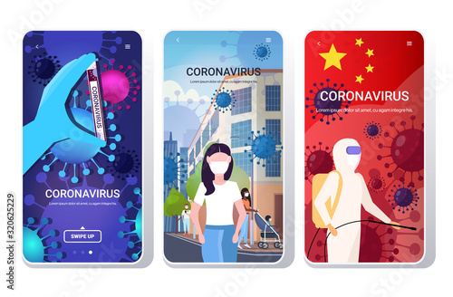 set epidemic MERS-CoV bacteria floating influenza virus cells wuhan coronavirus quarantine 2019-nCoV concepts collection smartphone screens mobile app copy space vector illustration