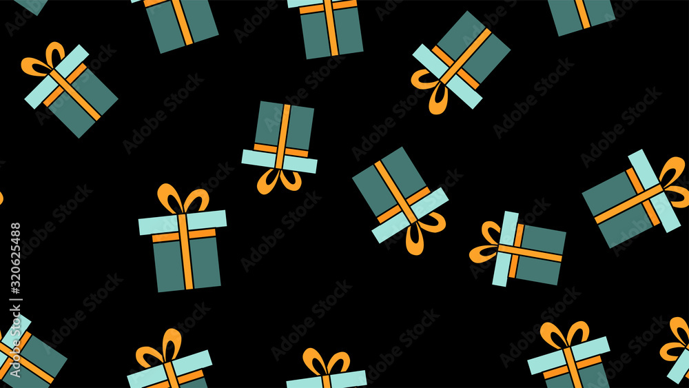 Texture endless seamless pattern from flat icons of gift boxes, love items for the holiday of love Valentine's Day February 14 or March 8 on a black background. Vector illustration Texture endless seamless pattern from flat icons of gift boxes, love items for the holiday of love Valentine's Day February 14 or March 8 on a black background. Vector illustration