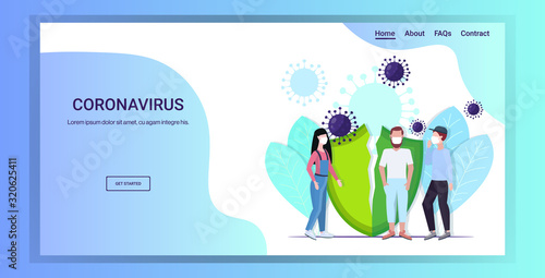people wearing protective masks to prevent epidemic MERS-CoV virus concept wuhan coronavirus 2019-nCoV pandemic medical health risk broken shield full length copy space horizontal vector illustration
