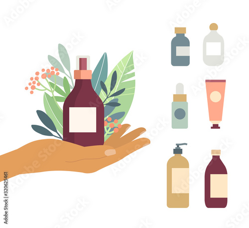 Natural cosmetic from organic plants in female hand. Couple of green leaves and bottle. Set of spa bio cremes bottles. Stylish concept for cosmetics in flat design. Vector illustration.