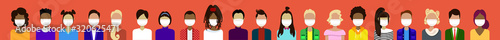 mix race people crowd in protective masks epidemic MERS-CoV stop coronavirus concept wuhan 2019-nCoV pandemic medical health risk portrait horizontal banner vector illustration