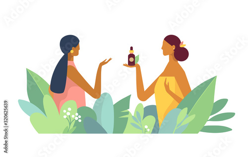 Women in big leaves speak. One of them advise another organic natural  cosmetics cream for body and face care and beauty. Illustrations in flat design style. Stylish concept for cosmetics. 