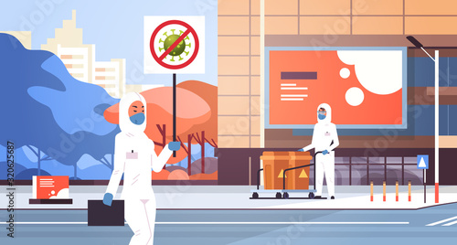 scientists in hazmat suits holding stop coronavirus banner disinfecting epidemic MERS-CoV virus empty city street wuhan 2019-nCoV pandemic health risk cityscape background full length vector