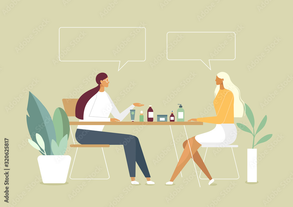 Young beautiful women at the desk talk about natural organic cosmetics for body care and beauty. People speak with speech bubbles. Design template for your business or education concept project