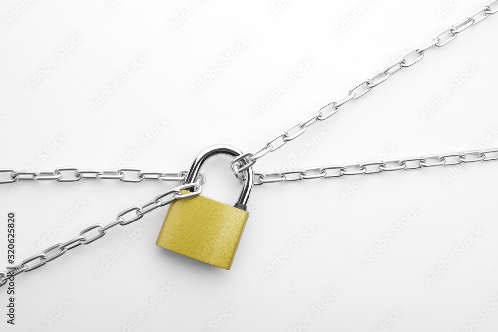 Steel padlock and chains isolated on white, top view. Safety concept Steel padlock and chains isolated on white, top view. Safety concept