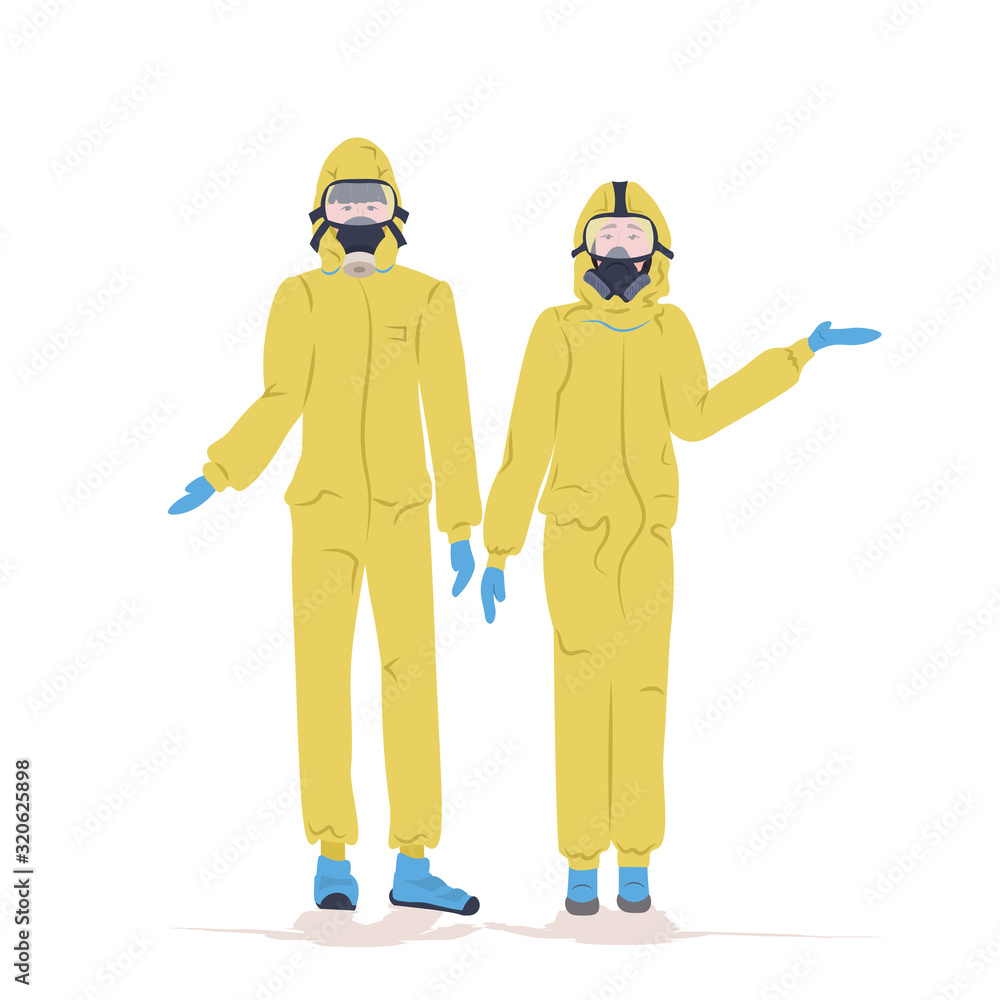 man woman in hazmat suits and protection masks to prevent epidemic MERS-CoV wuhan coronavirus 2019-nCoV pandemic medical health risk full length vector illustration man woman in hazmat suits and protection masks to prevent epidemic MERS-CoV wuhan coronavirus 2019-nCoV pandemic medical health risk full length vector illustration