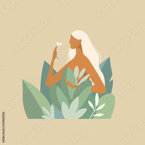 Naked beautiful young woman in big leaves with light skin and hair. Girl keep organic plant. Topic: natural cosmetics for body care and beauty. Vector illustrations in flat design style