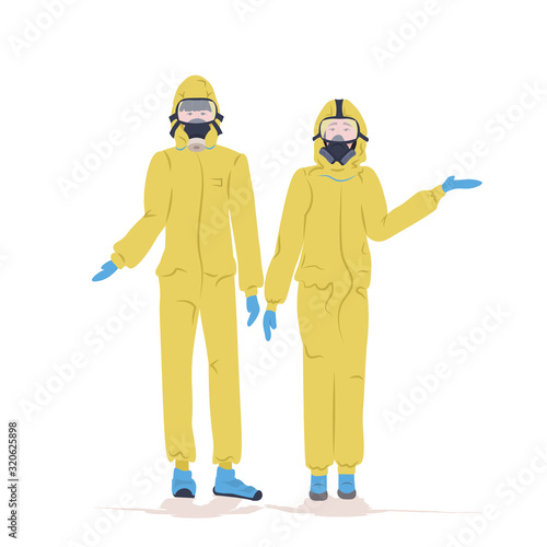 man woman in hazmat suits and protection masks to prevent epidemic MERS-CoV wuhan coronavirus 2019-nCoV pandemic medical health risk full length vector illustration