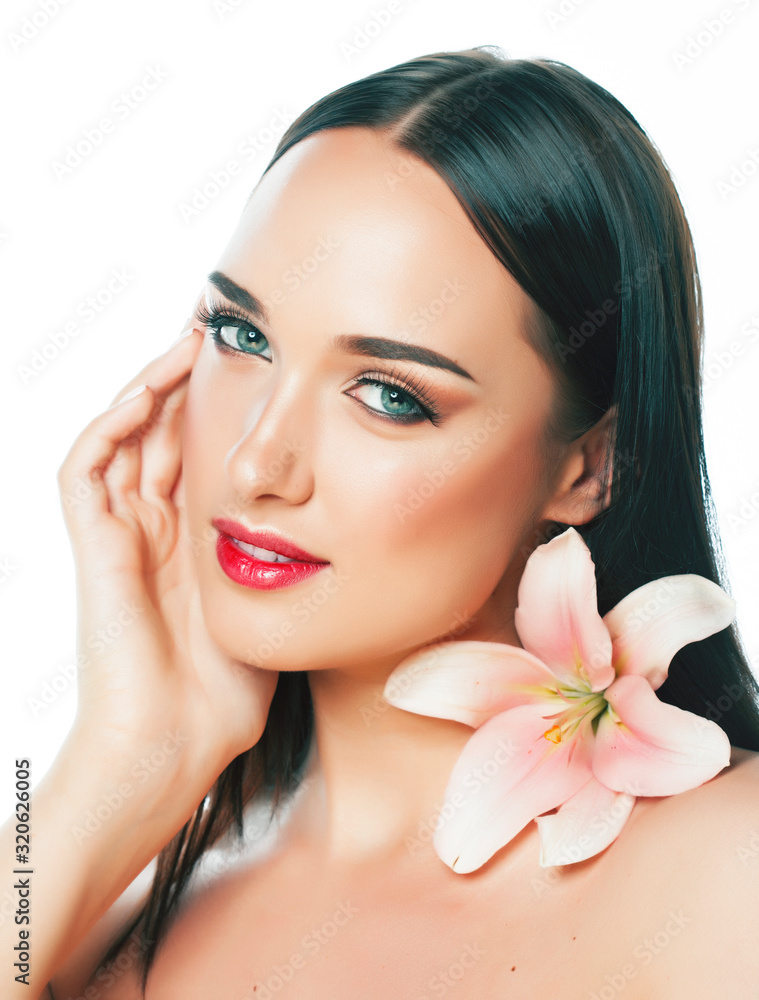 young attractive lady close up with hands on face isolated flower lily brunette spa nude makeup macro young attractive lady close up with hands on face isolated flower lily brunette spa nude makeup macro