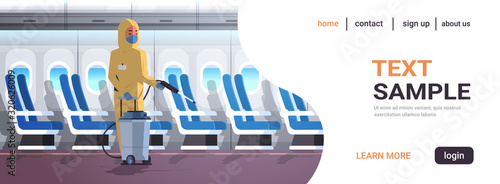 specialist in hazmat suit cleaning and disinfecting airplane for epidemic MERS-CoV virus wuhan coronavirus 2019-nCoV pandemic medical health risk concept plane interior horizontal copy space vector