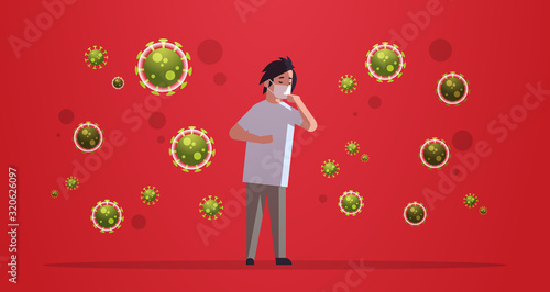 chinese man wearing protective mask to prevent epidemic MERS-CoV virus concept wuhan coronavirus 2019-nCoV pandemic medical health risk full length horizontal vector illustration