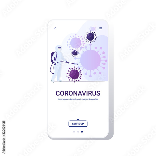 scientist in hazmat suit cleaning and disinfecting coronavirus cells epidemic MERS-CoV virus concept wuhan 2019-nCoV pandemic health risk full length nobile app copy space vector illustration