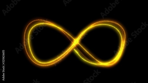 Infinity symbol background. Light yellow gold neon infinite, eternity concept with shiny fire particles. 3d illustration