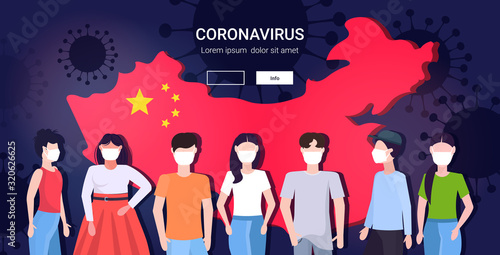 people group in protective masks epidemic MERS-CoV coronavirus flu spreading floating influenza concept wuhan 2019-nCoV pandemic medical health risk china map background portrait horizontal vector