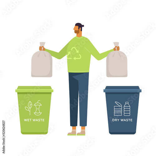 Eco-friendly concept.  Wet and dry waste. Vector illustration, flat design, isolated on white. Young man putting rubbish in trash bins. Waste Separation and Recycling. Cartoon character.  