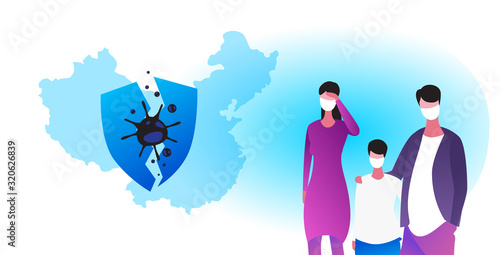 family wearing protective masks to prevent epidemic MERS-CoV virus concept wuhan coronavirus 2019-nCoV pandemic medical health risk broken shield chinese map background portrait horizontal vector