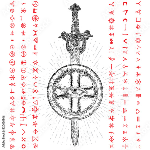 All seeing eye or Eye of Providence on the decorative background and sword of knife weapon. Witch hunter, demons or monsters, black magic fighter symbol. Secret knight society. Vector.