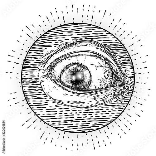 All seeing eye symbol element variation. Alchemy, religion, spirituality and occultism tattoo ink art. Vision of providence and conspiracy theory. Hand drawing in flash tattoo style artwork. Vector.
