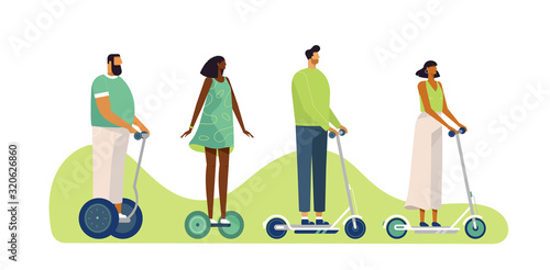 Eco-friendly concept. Vector illustration, flat design, isolated on white. Young people ride a rented, green transport. Cartoon characters 