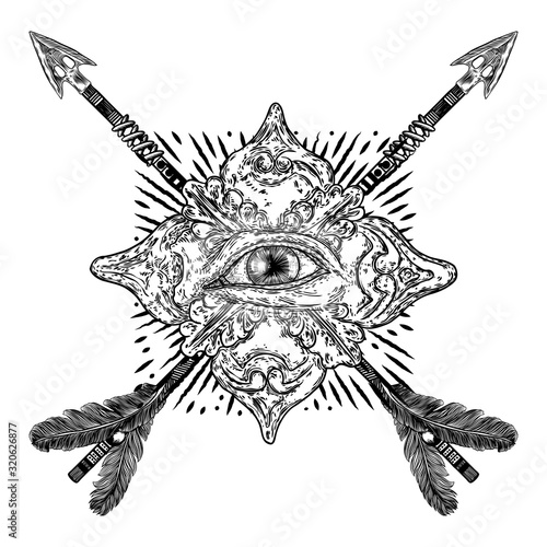 All seeing eye or Eye of Providence on the decorative background and bow arrows. Witch hunter, demons or monsters, black magic fighter symbol. Secret knight society. Vector.