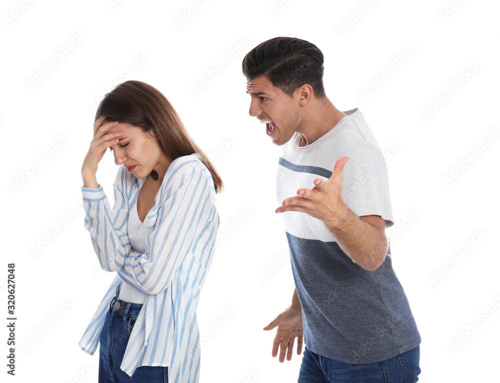 Man shouting at his girlfriend on white background. Relationship problems Man shouting at his girlfriend on white background. Relationship problems