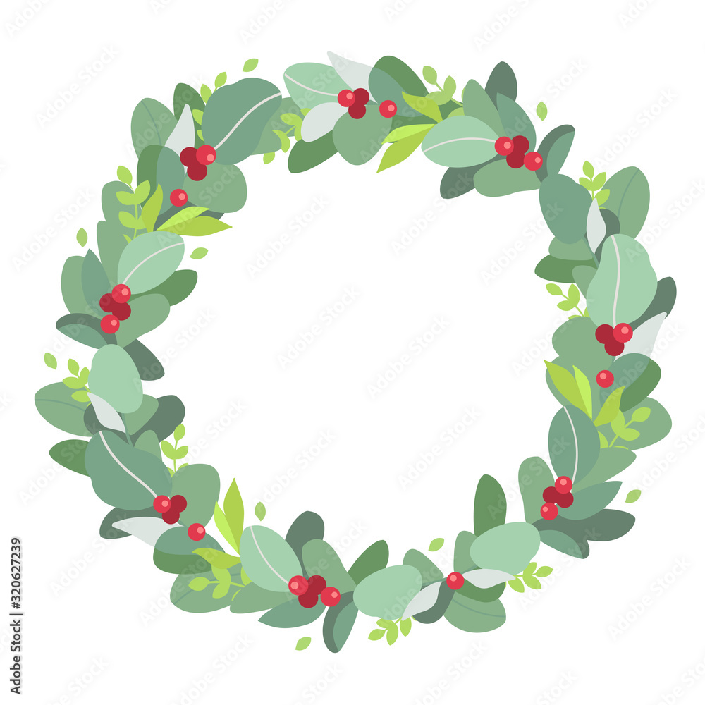 Christmas wreath. Plant crown of leaves and red berries. White background isolated. Place for text. Cartoon vector illustration in flat design style. Template for greeting, Christmas card, banner Christmas wreath. Plant crown of leaves and red berries. White background isolated. Place for text. Cartoon vector illustration in flat design style. Template for greeting, Christmas card, banner