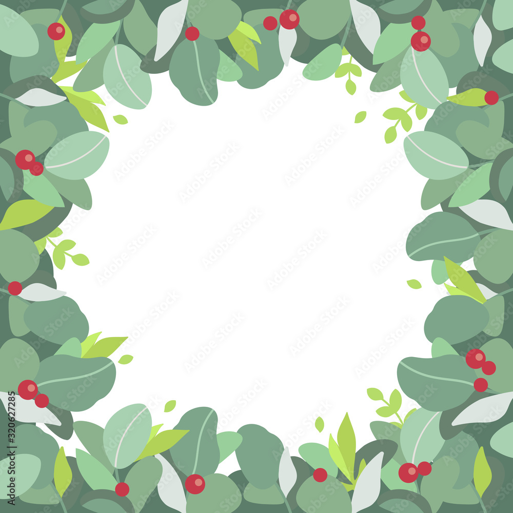 Christmas card. Green leaves and red berries frame. Natural decor of plants. White background isolated. Place for text. Cartoon vector illustration in flat design style. Template for your design