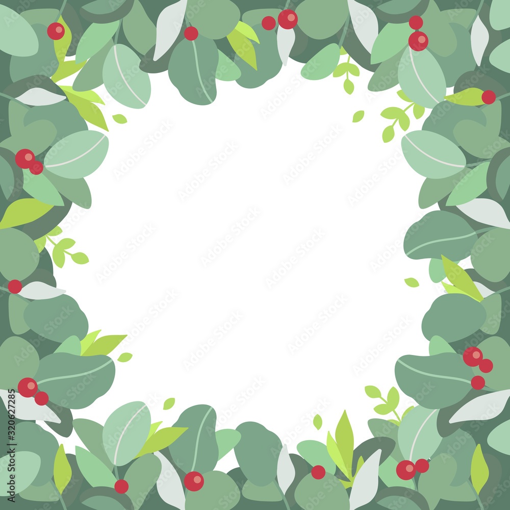 Fototapeta premium Christmas card. Green leaves and red berries frame. Natural decor of plants. White background isolated. Place for text. Cartoon vector illustration in flat design style. Template for your design