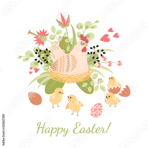 Happy easter card with cute hen, chickens and eggs on a background of flowers and leaves.