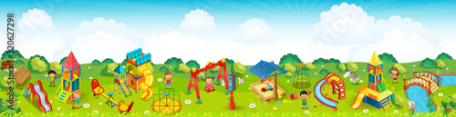 Panoramic playground on the meadow. Vector illustration.