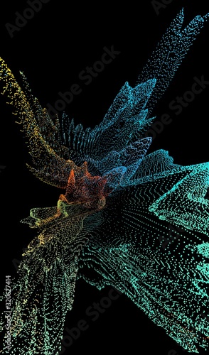 Falling dotted wavy lines abstract space surface on black background. Topography map, fantastic landscape, scientific concept abstract illustration.