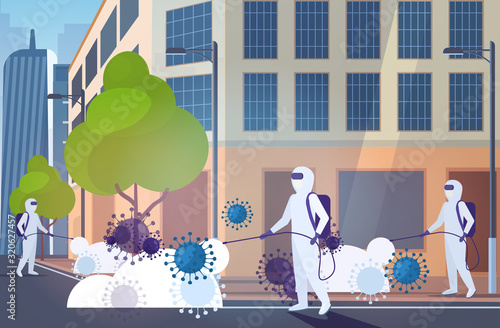 scientists in hazmat suits cleaning disinfecting coronavirus cells epidemic MERS-CoV virus wuhan 2019-nCoV pandemic health risk modern city street cityscape background horizontal vector illustration