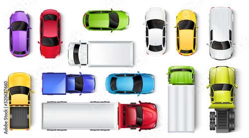 Cars and trucks top view vector illustration photo