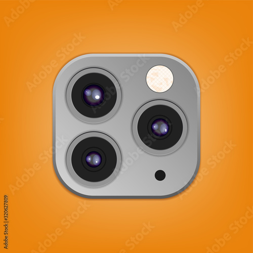 Realistic camera lenses 3D icon isolated on stylish orange ambient background. Vector Illustration