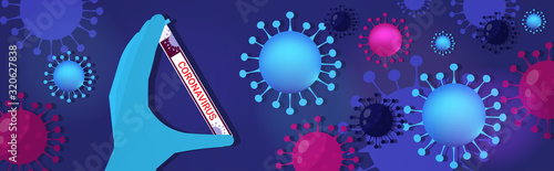 microbiologist hand holding tube coronavirus biological sample for analysis in laboratory epidemic MERS-CoV wuhan 2019-nCoV pandemic medical health risk virus cells backgrund horizontal vector