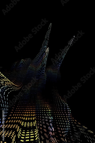 Falling dotted wavy lines abstract space surface on black background. Topography map, fantastic landscape, scientific concept abstract illustration.
