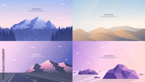 Set of 4 landscapes in flat minimalist style. Forest and mountains, desert mounds, road in perspective and hill, stones in the water in the low poly concept. Website or game templates. Summer scene
