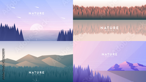 Set of 4 landscapes in flat minimalist style. Trees near water, forest and water, forest and hills, sunset evening scene. Summer scene. Tourism, adventure, travel, journey concept. Vector illustration