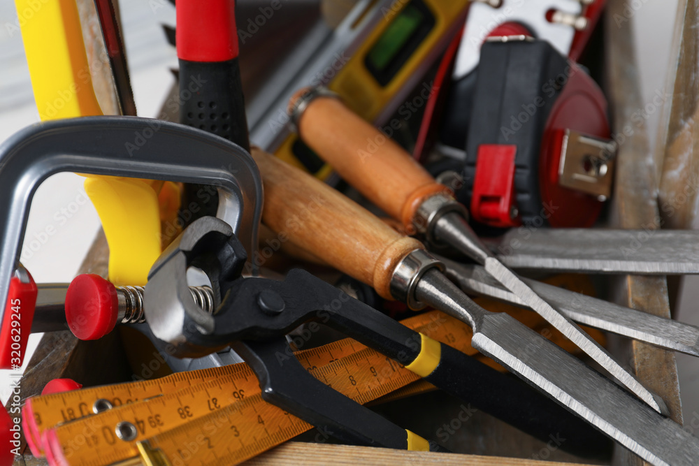 Set of different carpenter's tools, closeup view Set of different carpenter's tools, closeup view