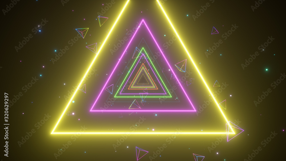 An endless tunnel of luminous multicolored neon triangles for music videos, night clubs, LED screens, projection show, video mapping, audiovisual performance, fashion events. 3d illustration An endless tunnel of luminous multicolored neon triangles for music videos, night clubs, LED screens, projection show, video mapping, audiovisual performance, fashion events. 3d illustration