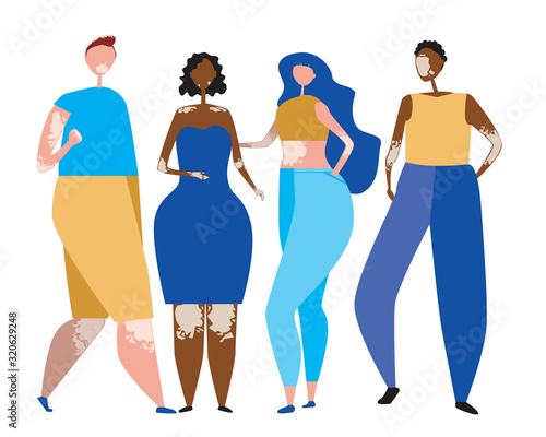 A Vetiligo and men and women with skin diseases and pigmentation problems, a vector stock illustration as a concept of a body of positive and beauty