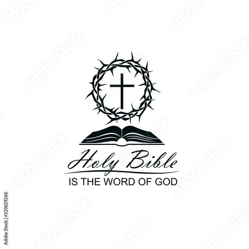 bible, crown of thorns and cross icon isolated on white background 