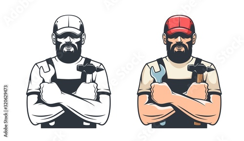 Handy man with hammer and wrench. Repairman mechanic. Retro isolated vector illustration.