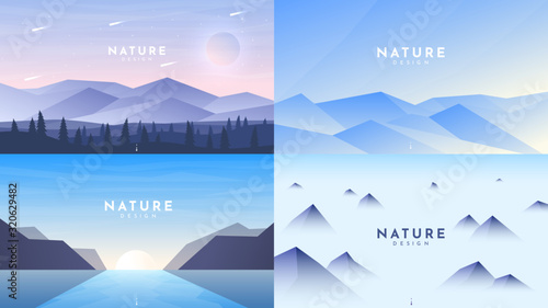 Set of 4 landscapes in flat minimalist style. Forest and mountains, arctic Alps, sunrise and hills, misty rocks. Website or game templates. Vector illustration. Tourism, adventure, travel concept