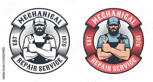 Mechanical repair service retro logo. Worker with hammer and spanner vintage emblem. Vector illustration.
